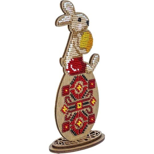 Wonderland Crafts Bunny Sitting on Red Egg Bead Embroidery on Wood Kit
